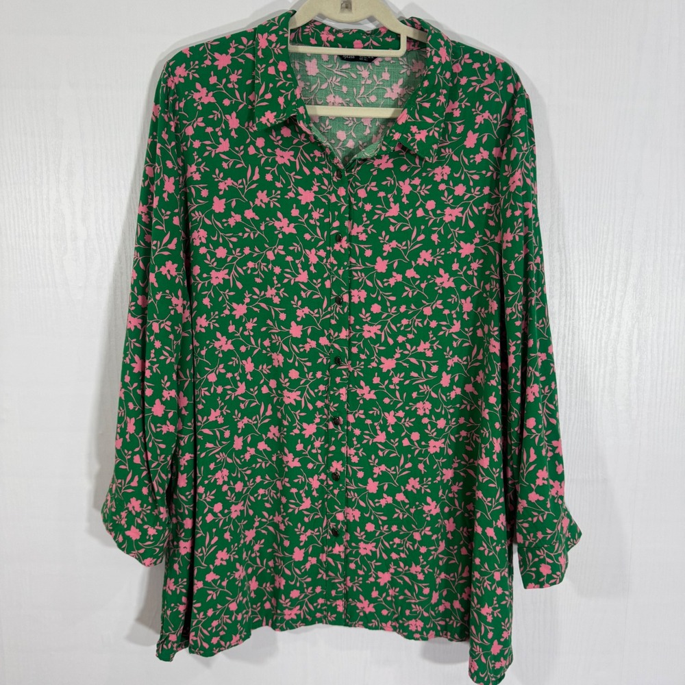 Splash Women's‎ US 18  XL Green Pink Floral Long Sleeve Button Down Shirt Top